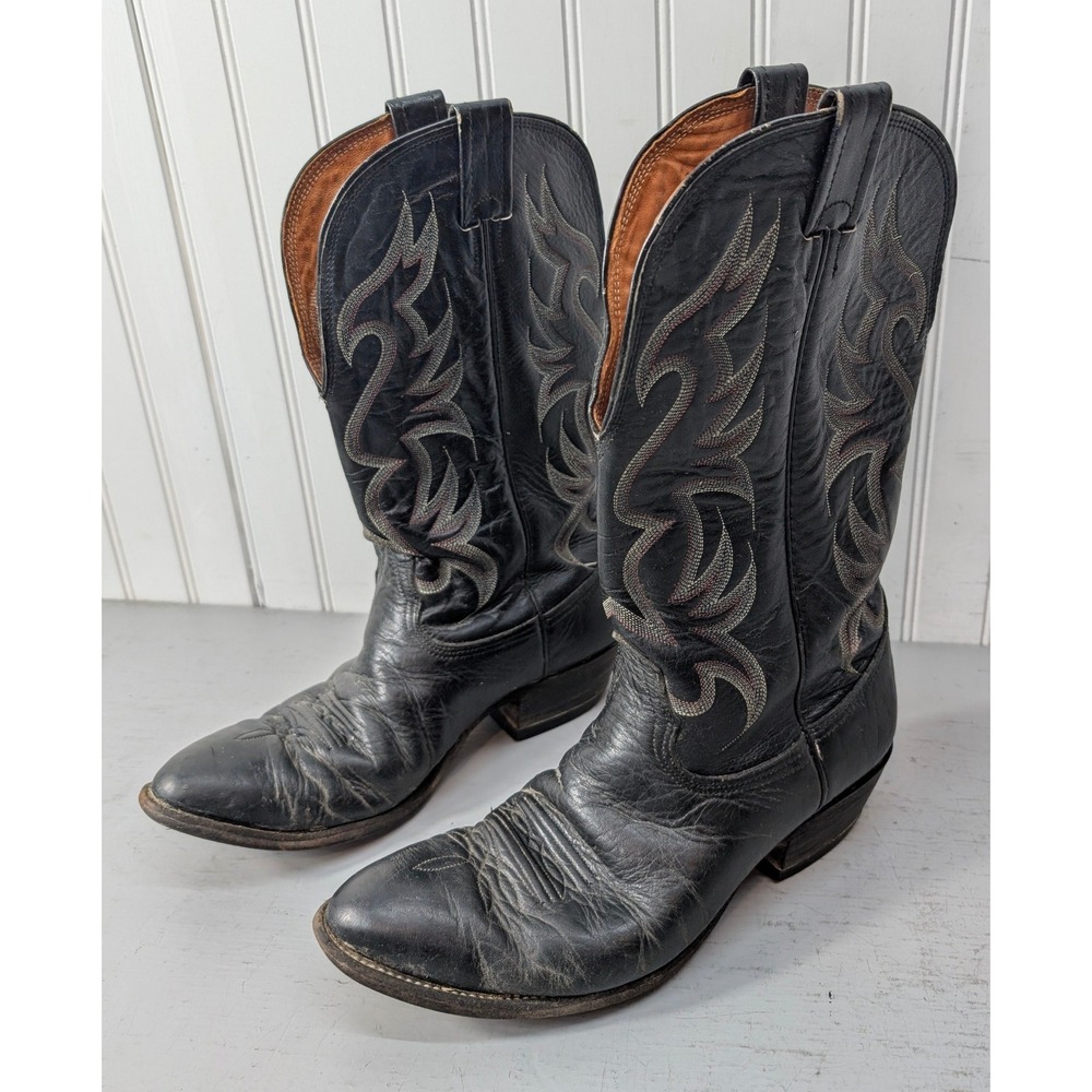 Nocona Vintage Black Leather Western Cowboy Boots Mens 10D Flame Stitch USA Made